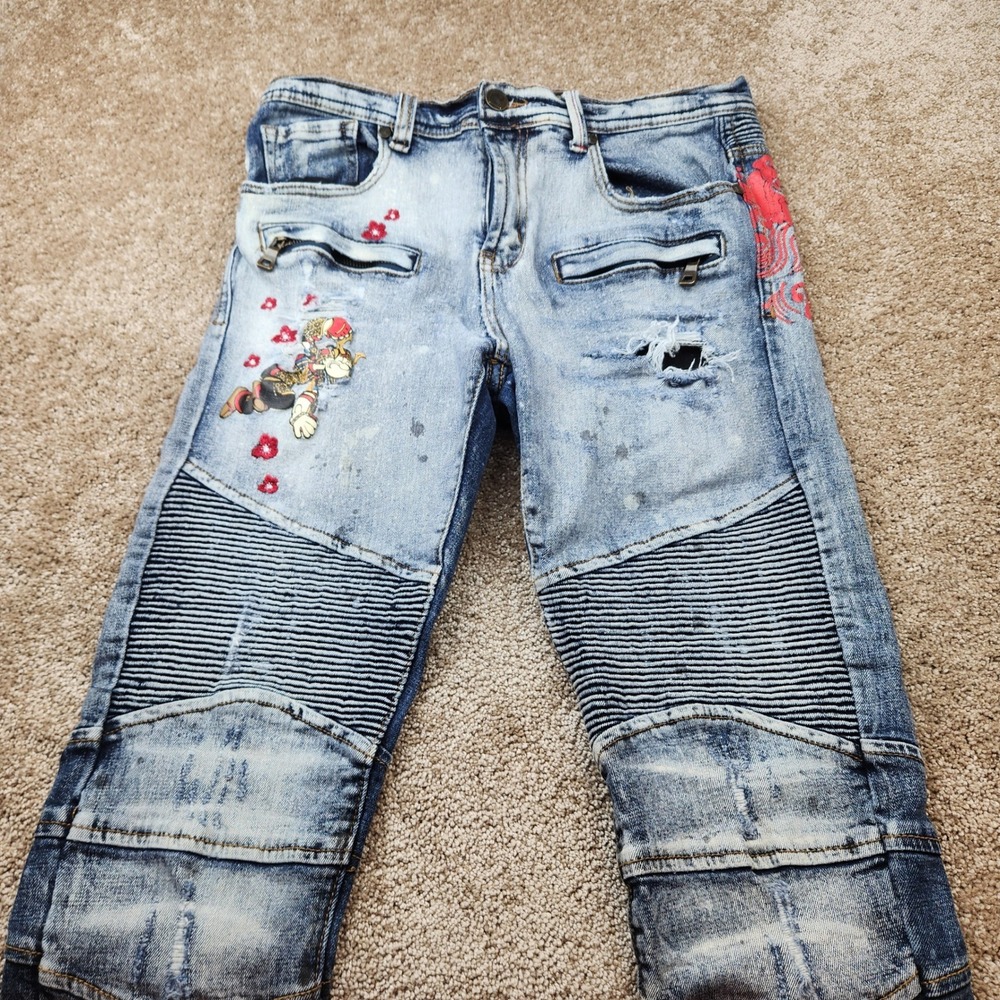 Kryptic x Popeye Mens 32x32 Moto Distressed Samurai Embroidered Jeans Blue Acid - Picture 5 of 9